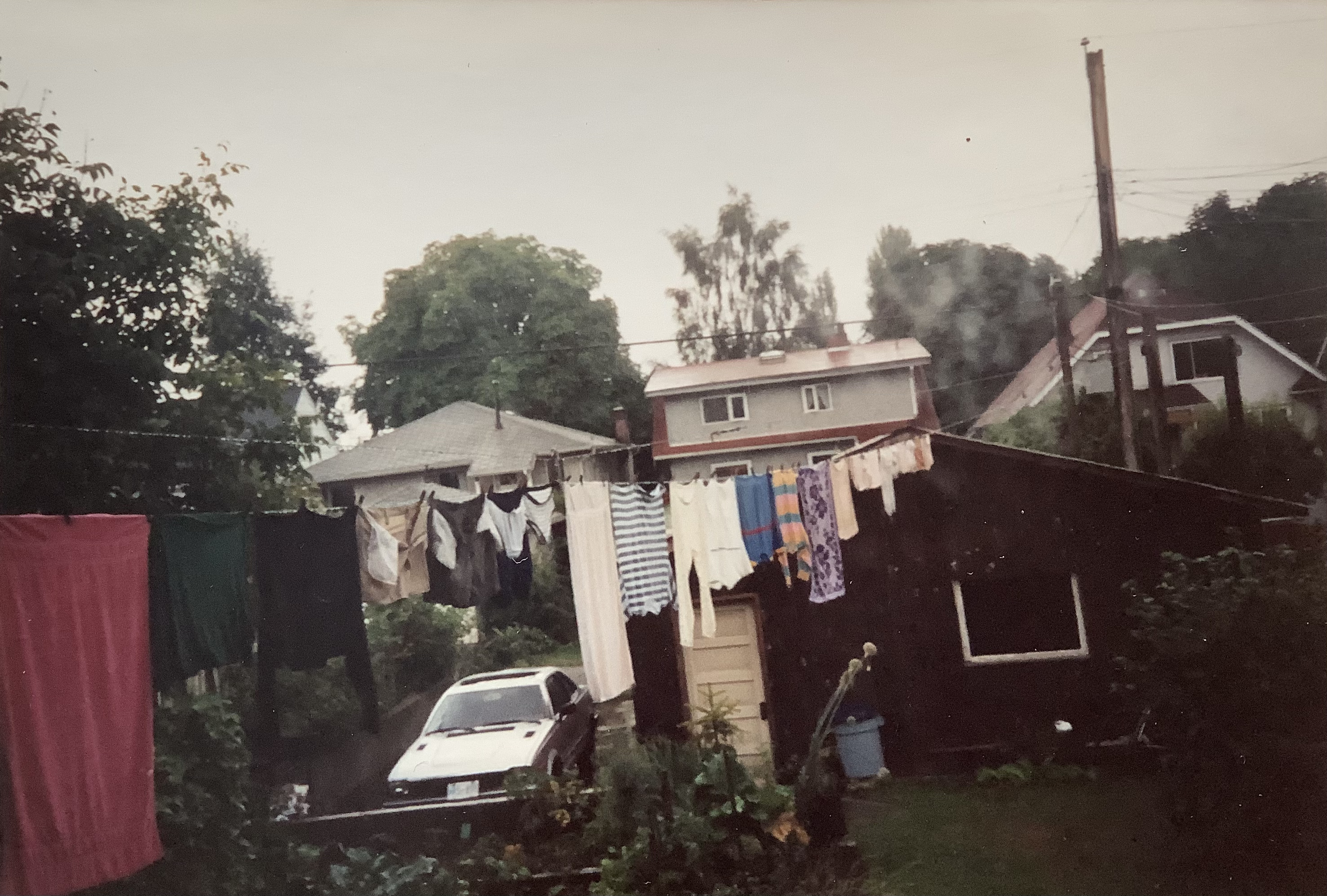 Backyard on a grey day, showing a clothesline, on which laundry is hanging to dry. The grass below and trees in the background are a deep green. There is also a shed in the background that is dark brown, beside which there is a parked car. The image appears to be from roughly the 1960s.