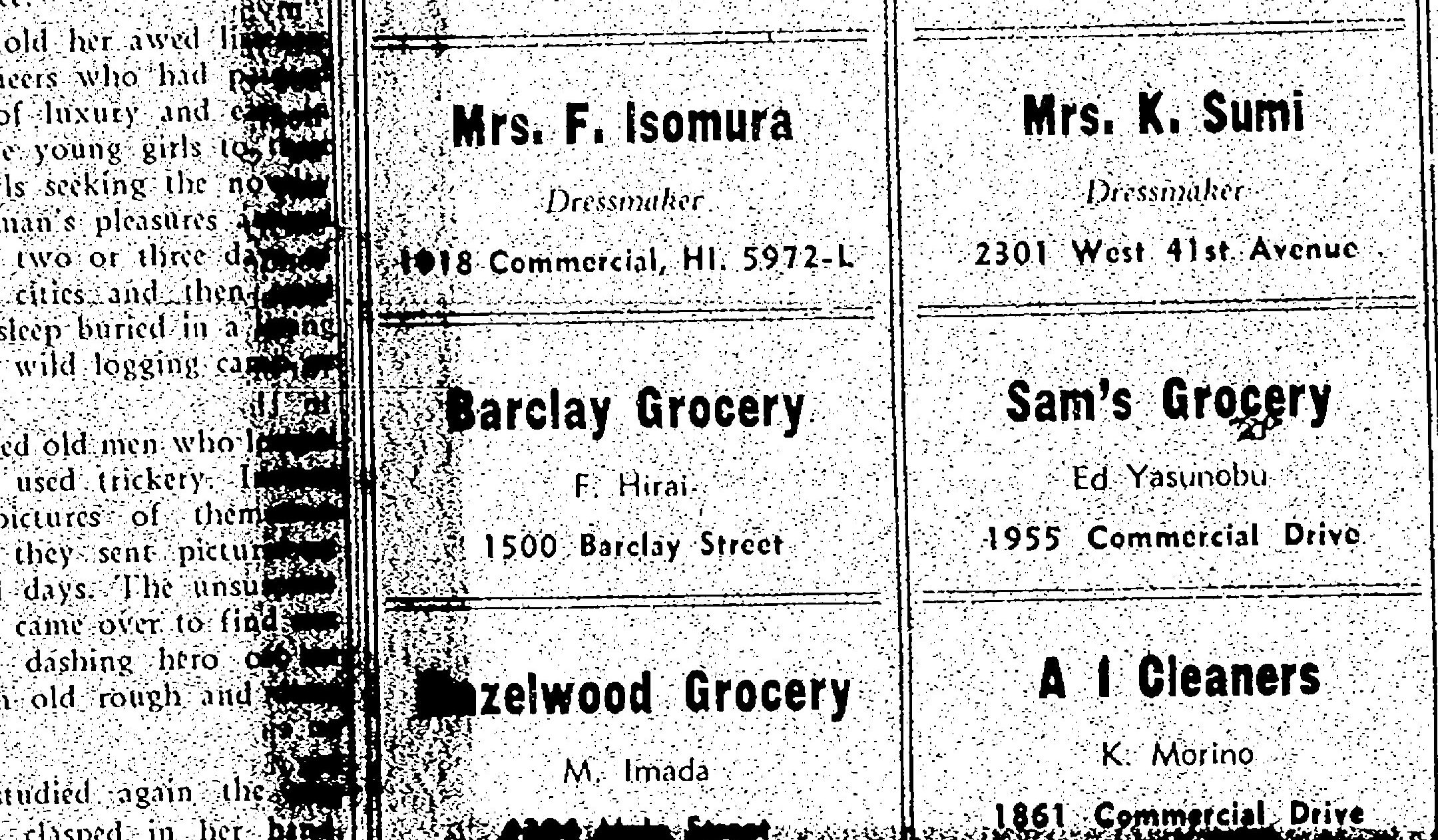 Scanned newspaper from July 1, 1940 that lists black and white advertisement of local businesses including Mrs. F Isomura, Dressmaker at 1918 Commerical Drive