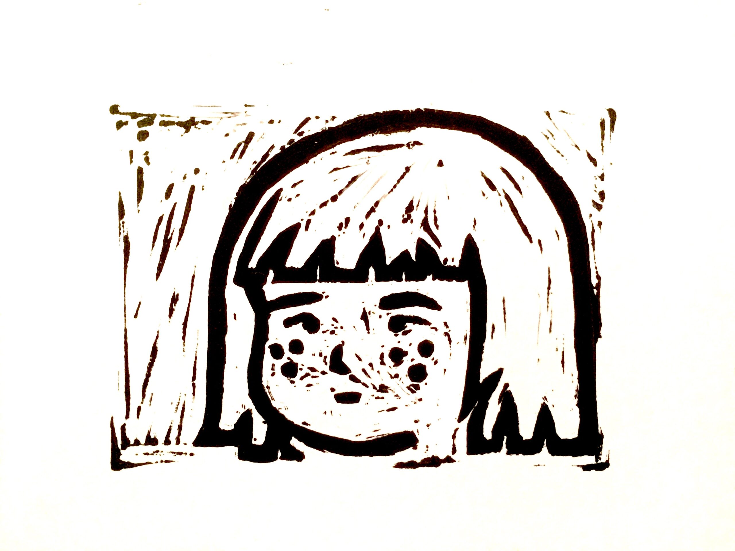 A linocut image, in black, against a white background, of a young girl, with straight, chin-length hair, bangs, and freckles across her cheeks.